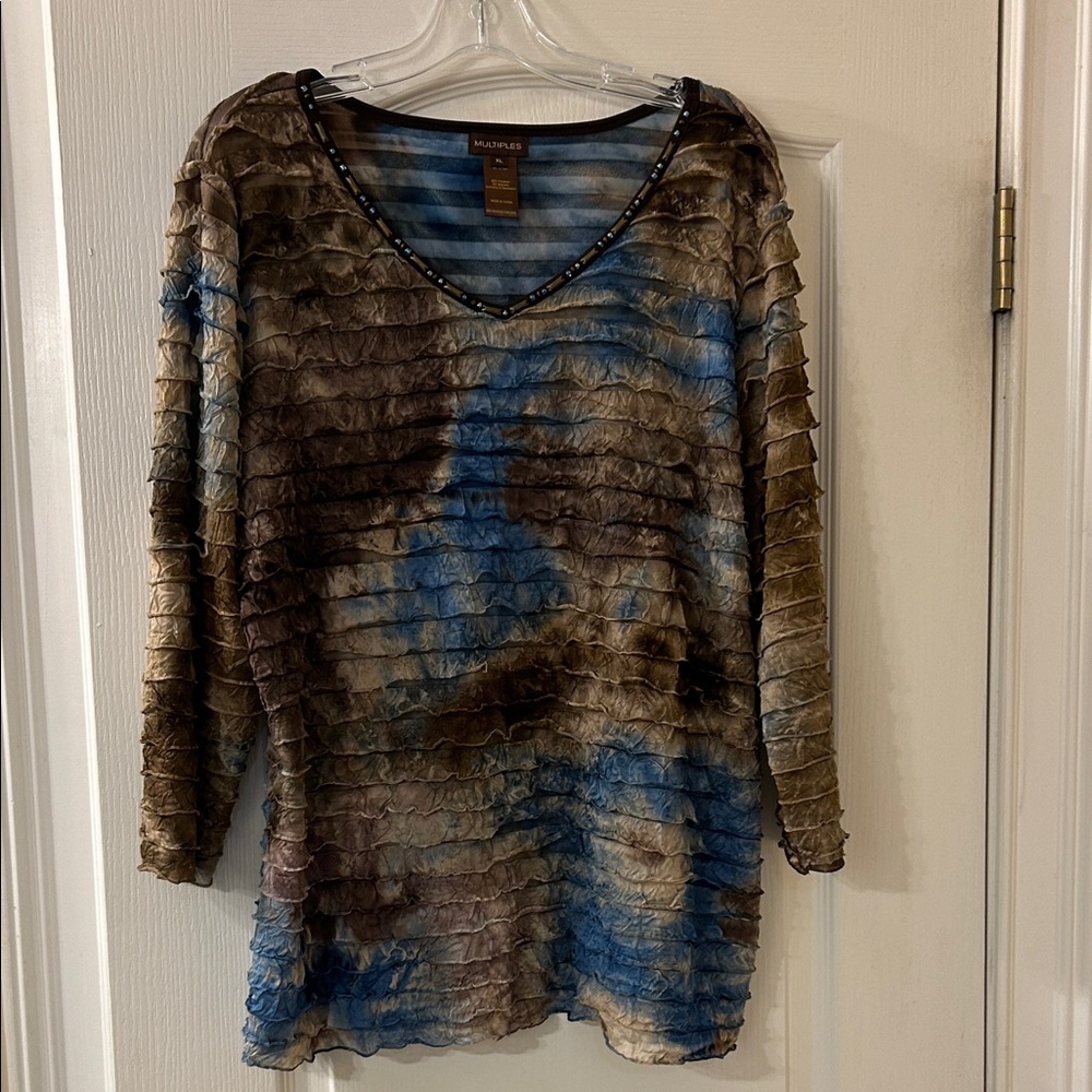 Multiples Brown and Blue Textured Blouse